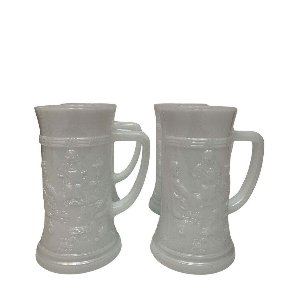 Vintage Milk Glass Beer Stein Mugs Embossed Tavern Scene Renaissance White Set